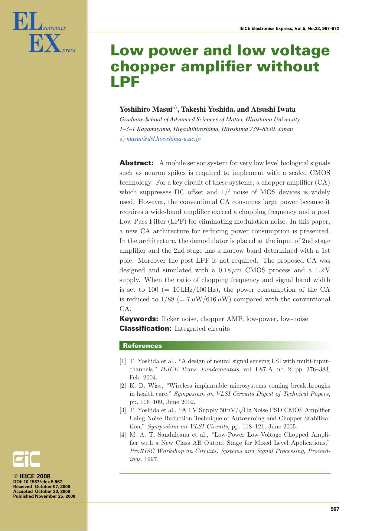 Low power and low voltage  chopper amplifier without  LPF