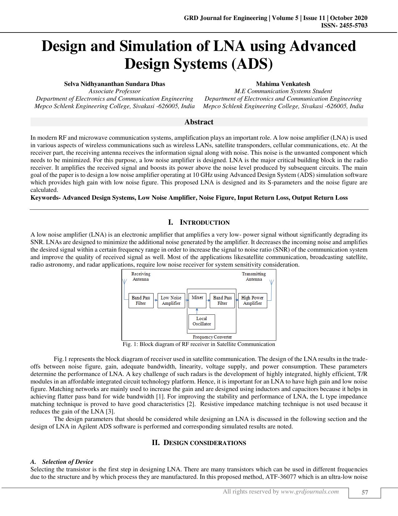 Design and Simulation of LNA using Advanced Design Systems (ADS)