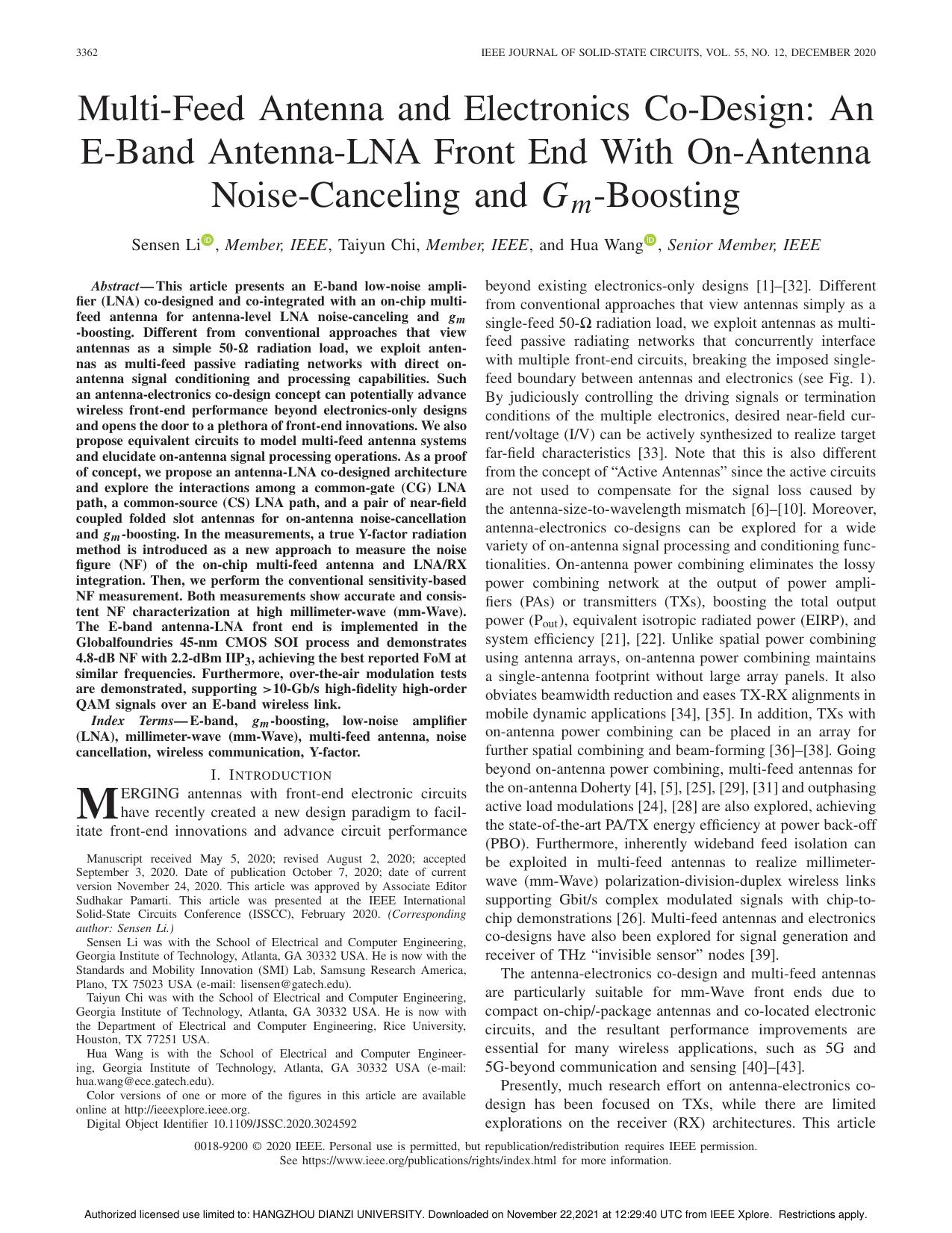 Multi-Feed Antenna and Electronics Co-Design: An E-Band Antenna-LNA Front End With On-Antenna Noise-Canceling and <italic>G&#x2098;</italic>-Boosting