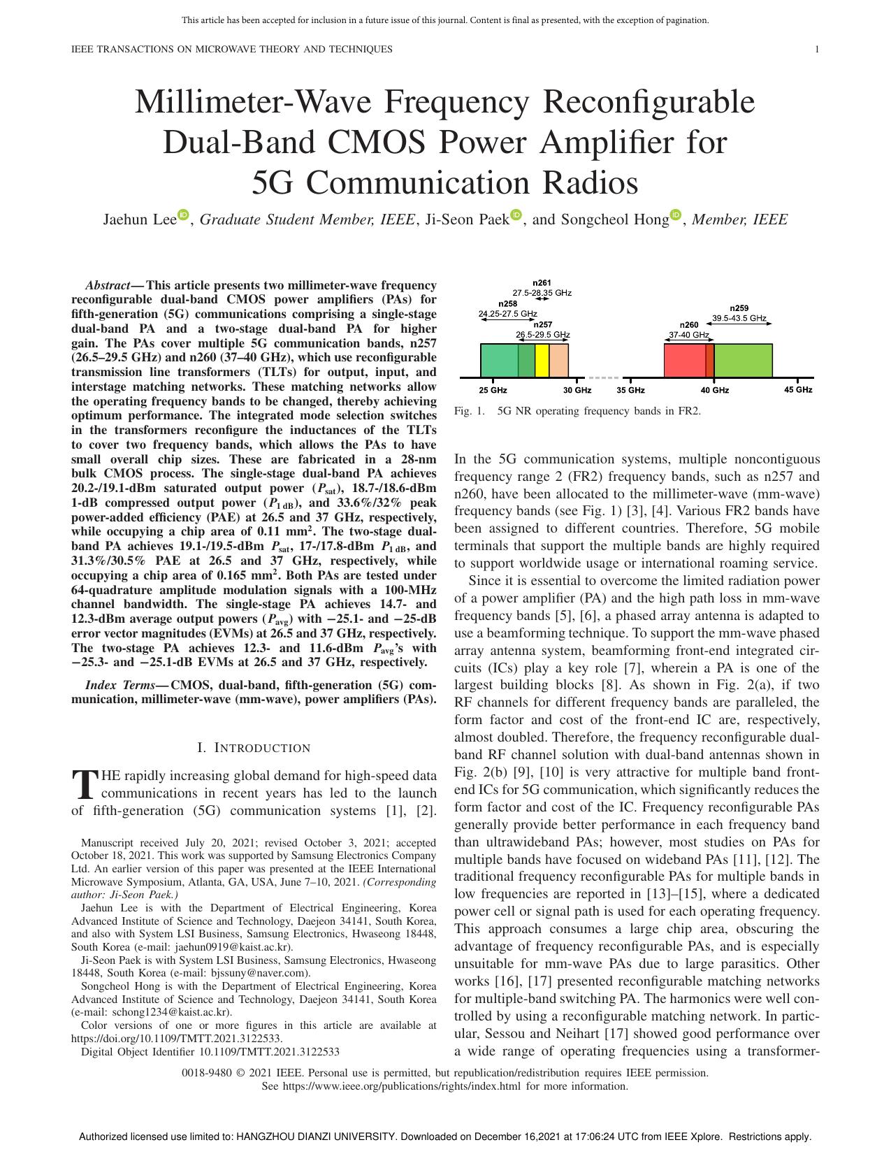 Millimeter-Wave Frequency Reconfigurable Dual-Band CMOS Power Amplifier for 5G Communication Radios