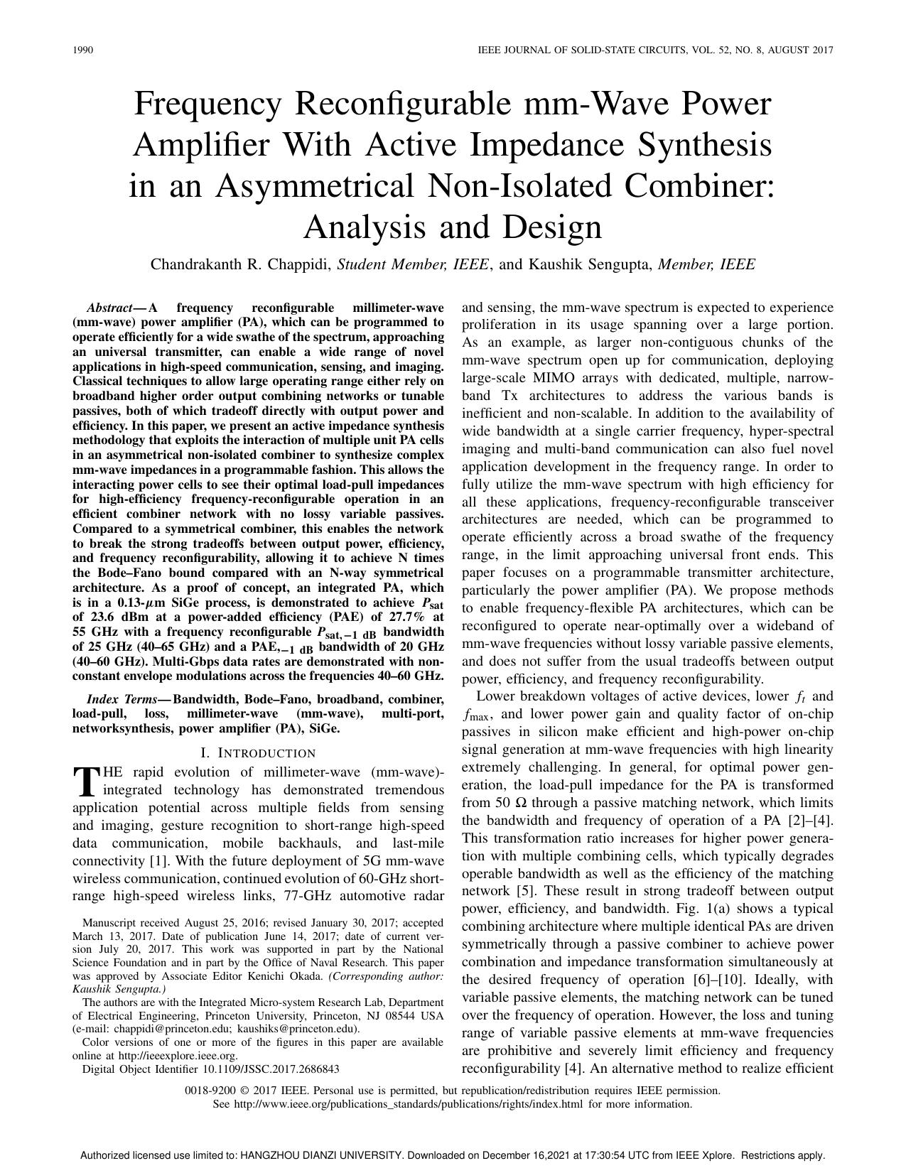 Frequency Reconfigurable mm-Wave Power Amplifier With Active Impedance Synthesis in an Asymmetrical Non-Isolated Combiner: Analysis and Design