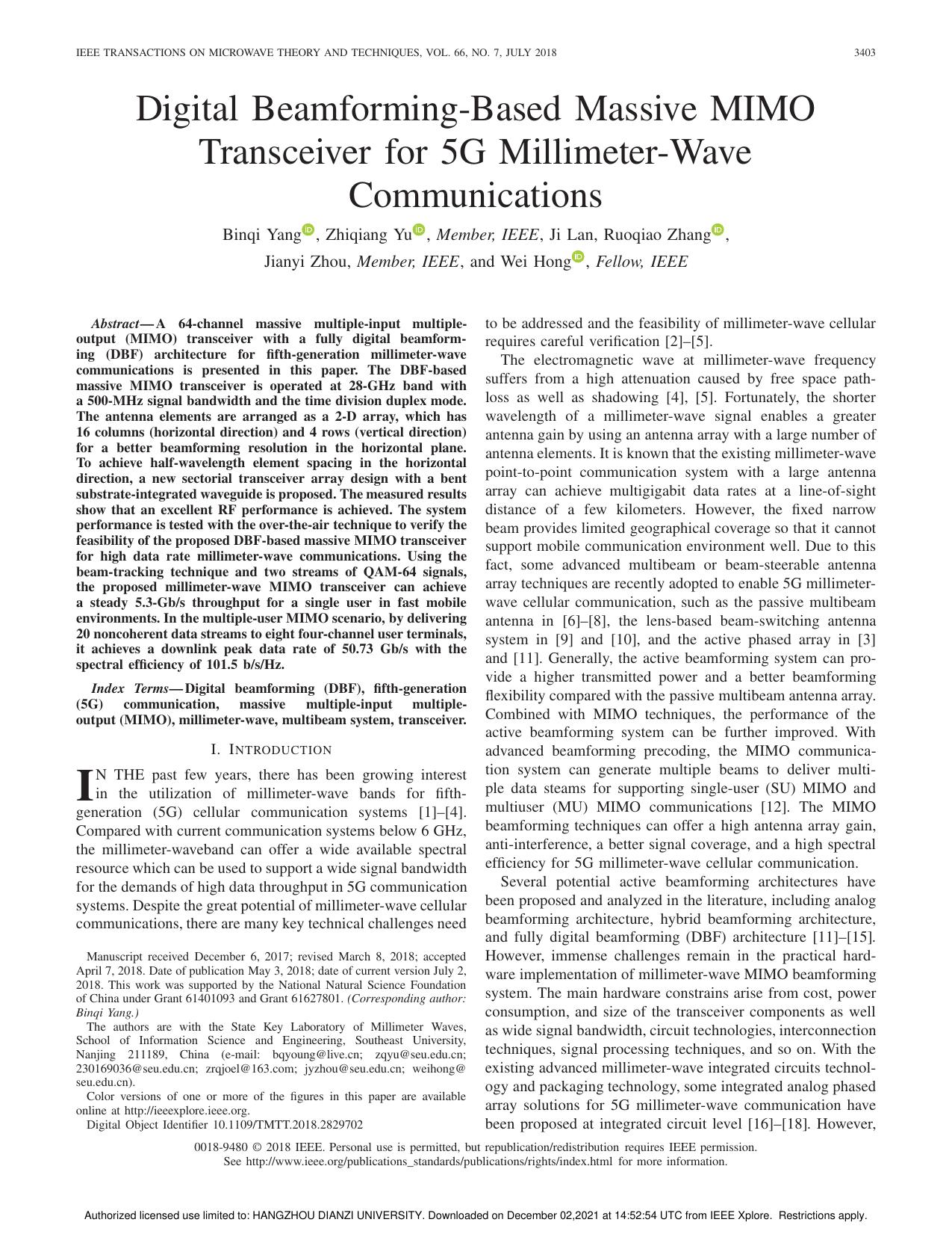 Digital Beamforming-Based Massive MIMO Transceiver for 5G Millimeter-Wave Communications