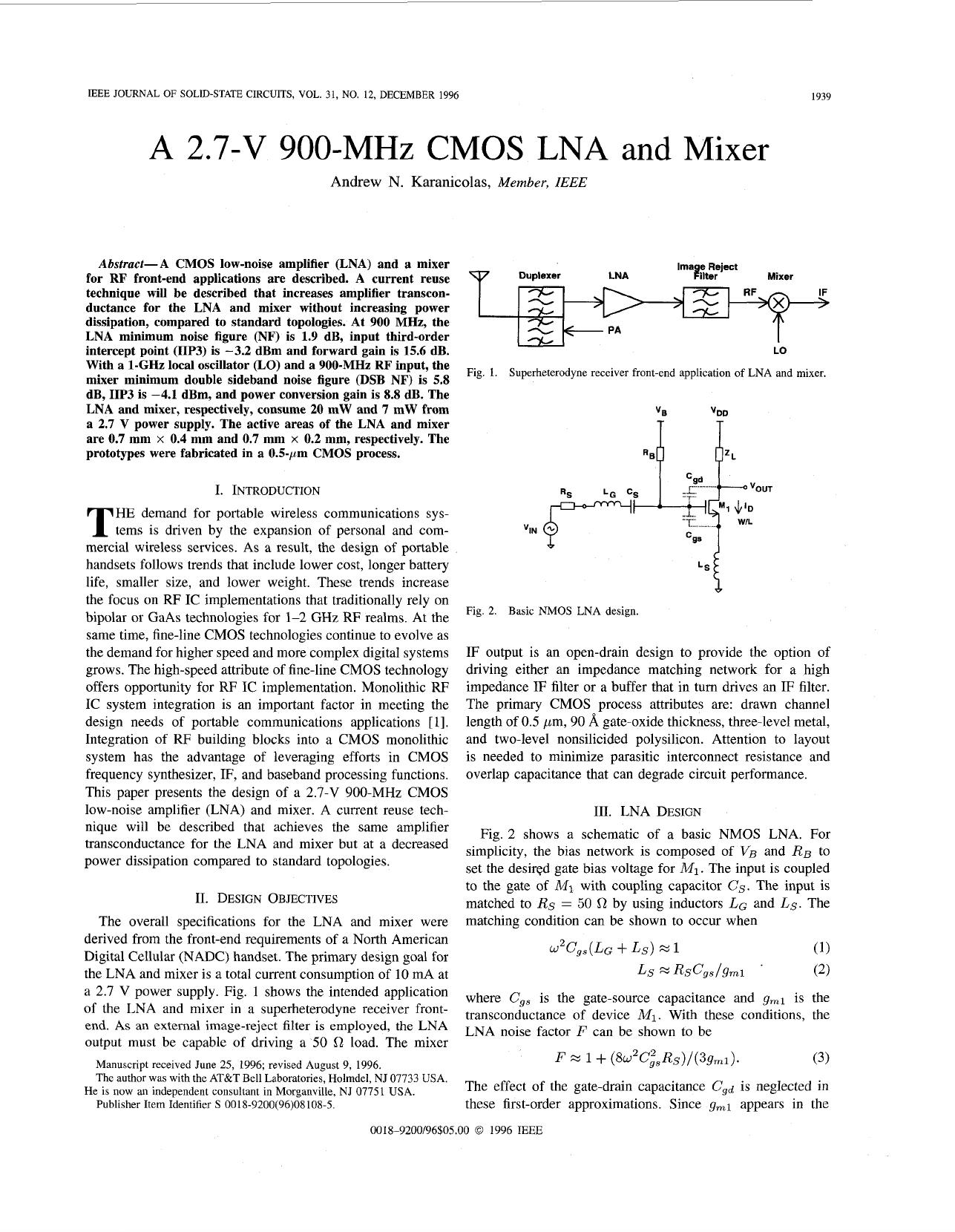 A 2.7-V 900-MHz CMOS LNA and Mixer - Solid-State Circuits, IEEE Journal of