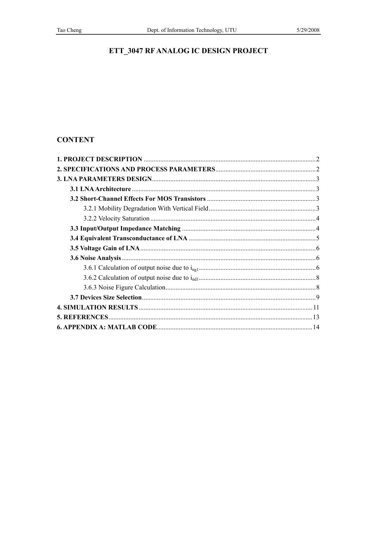RF ANALOG IC DESIGN PROJECT