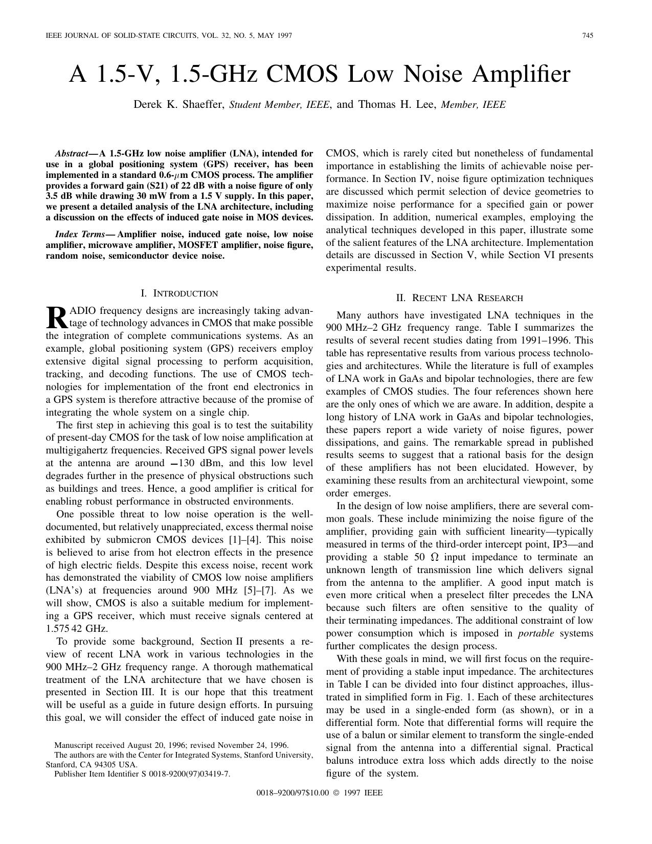 A 1.5-V, 1.5-GHz CMOS Low Noise Amplifier - Solid-State Circuits, IEEE Journal of