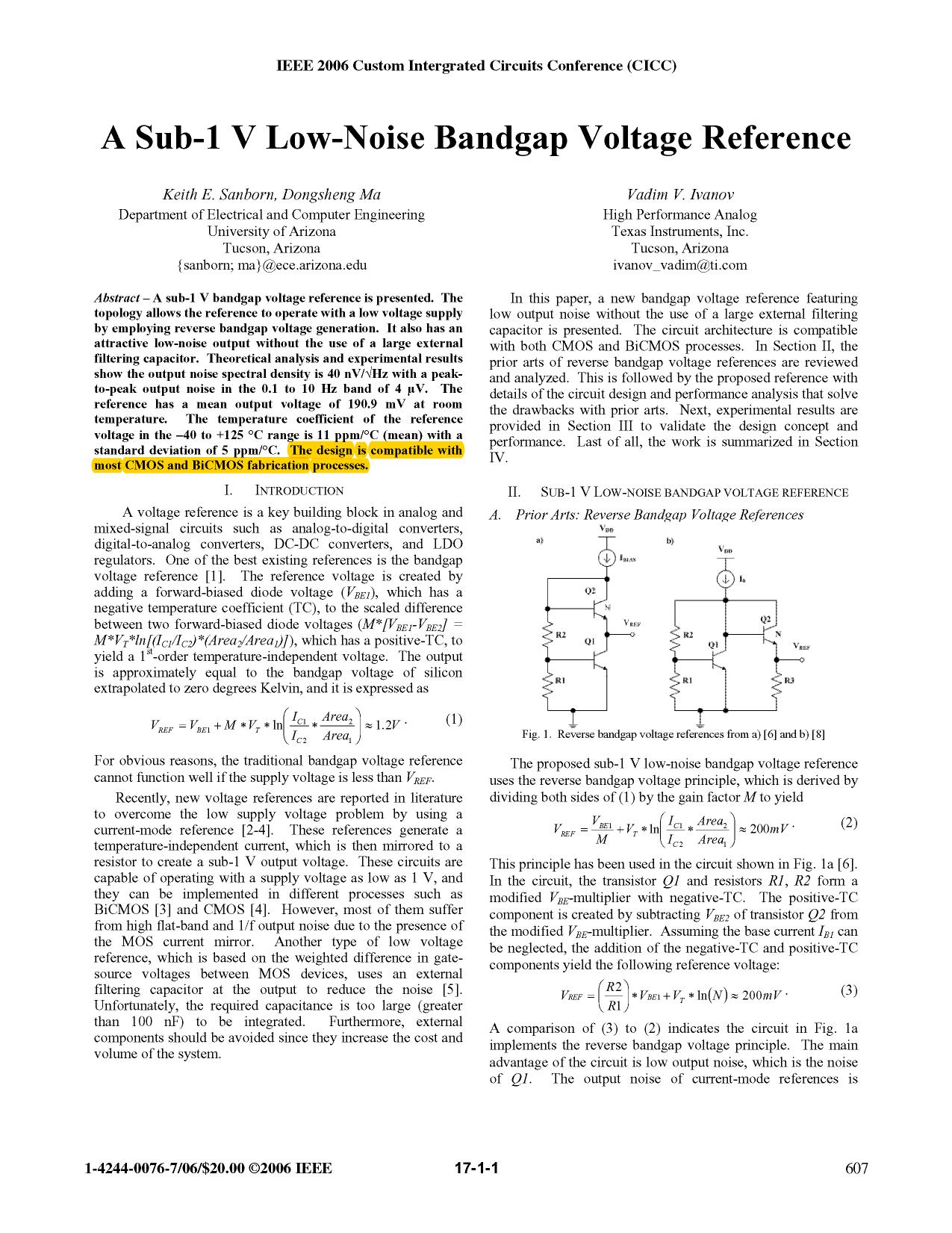 TI-CICC2006-A Sub-i V Low-Noise Bandgap Voltage Reference